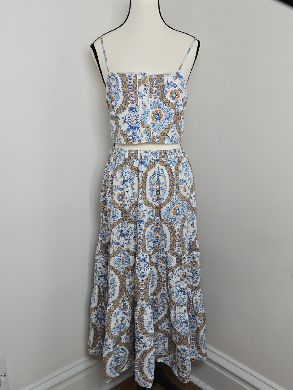 Blue White Yellow Paisley Maxi Cotton/linen 2 Piece Skirt Set